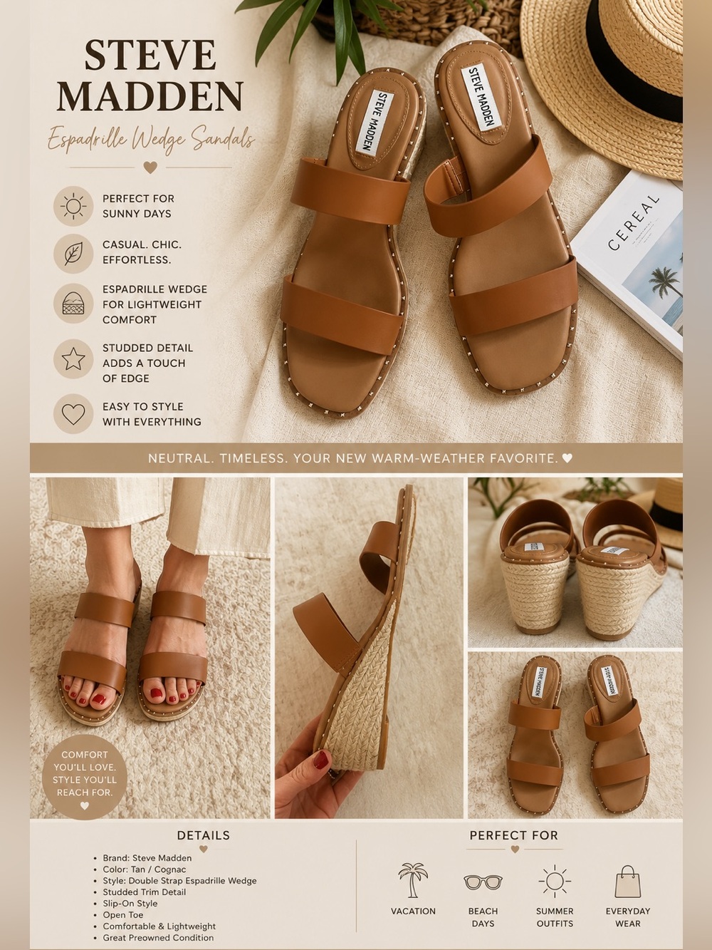 Steve Madden Cognac Double-Strap Espadrille Wedge Sandals